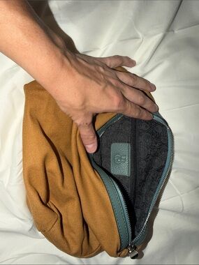 Canvas Clutch Pouch in Camel with Teal Trim